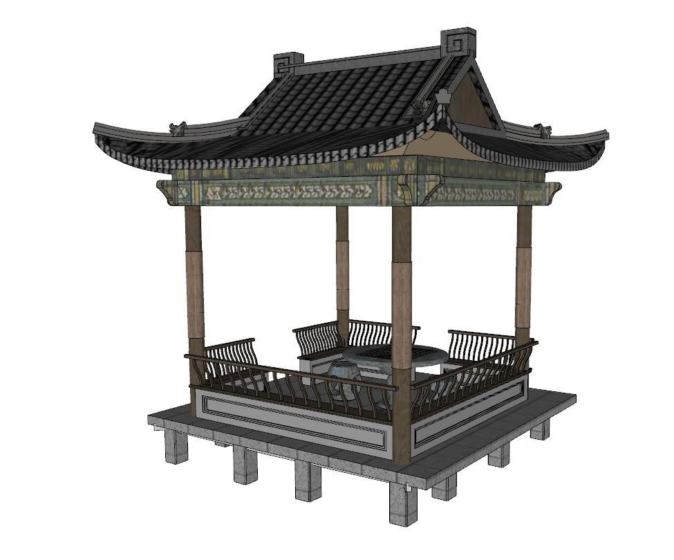 中国传统四角攒尖顶凉亭古典亭子建筑SU模型 SU模型免费下载_sketchup模型
