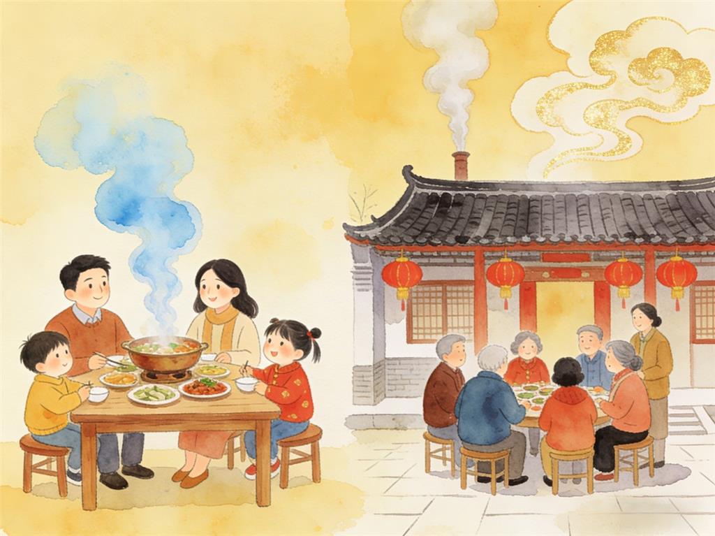 水彩画:“小家”热气腾腾 “大家”蒸蒸日上 水彩画高清JPG图片素材