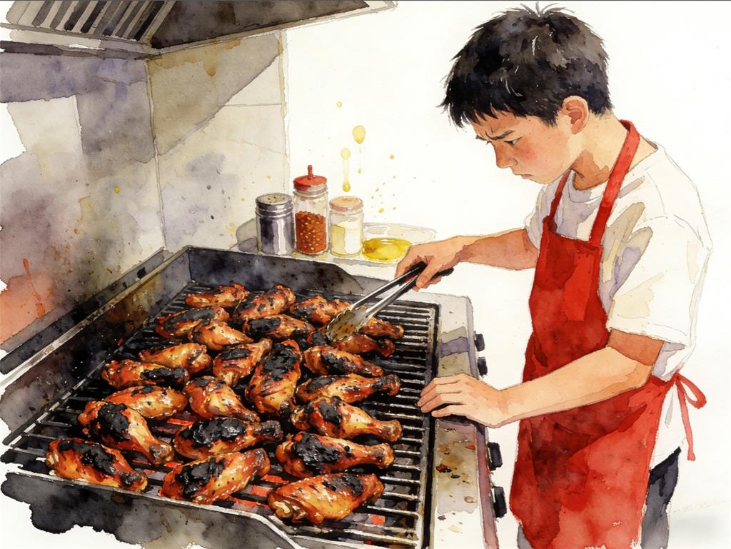 水彩画:男生寒假打工烤糊200多个鸡翅 水彩画高清JPG图片素材