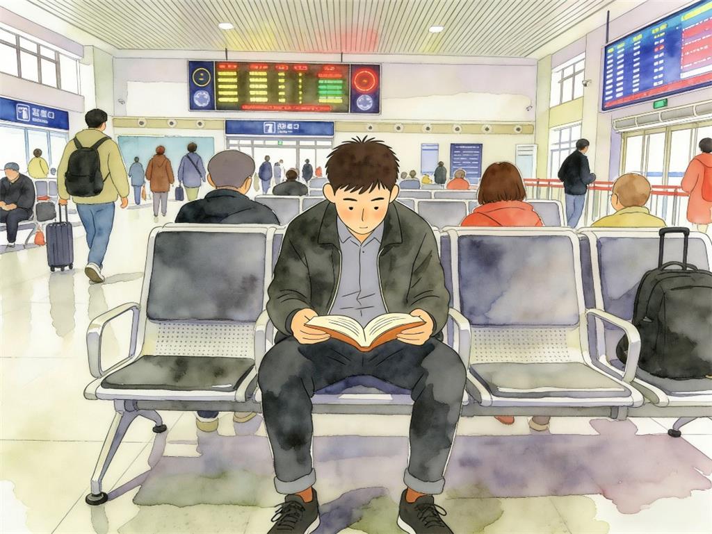水彩画:男子在嘈杂的火车站候车厅安静看书 水彩画高清JPG图片素材