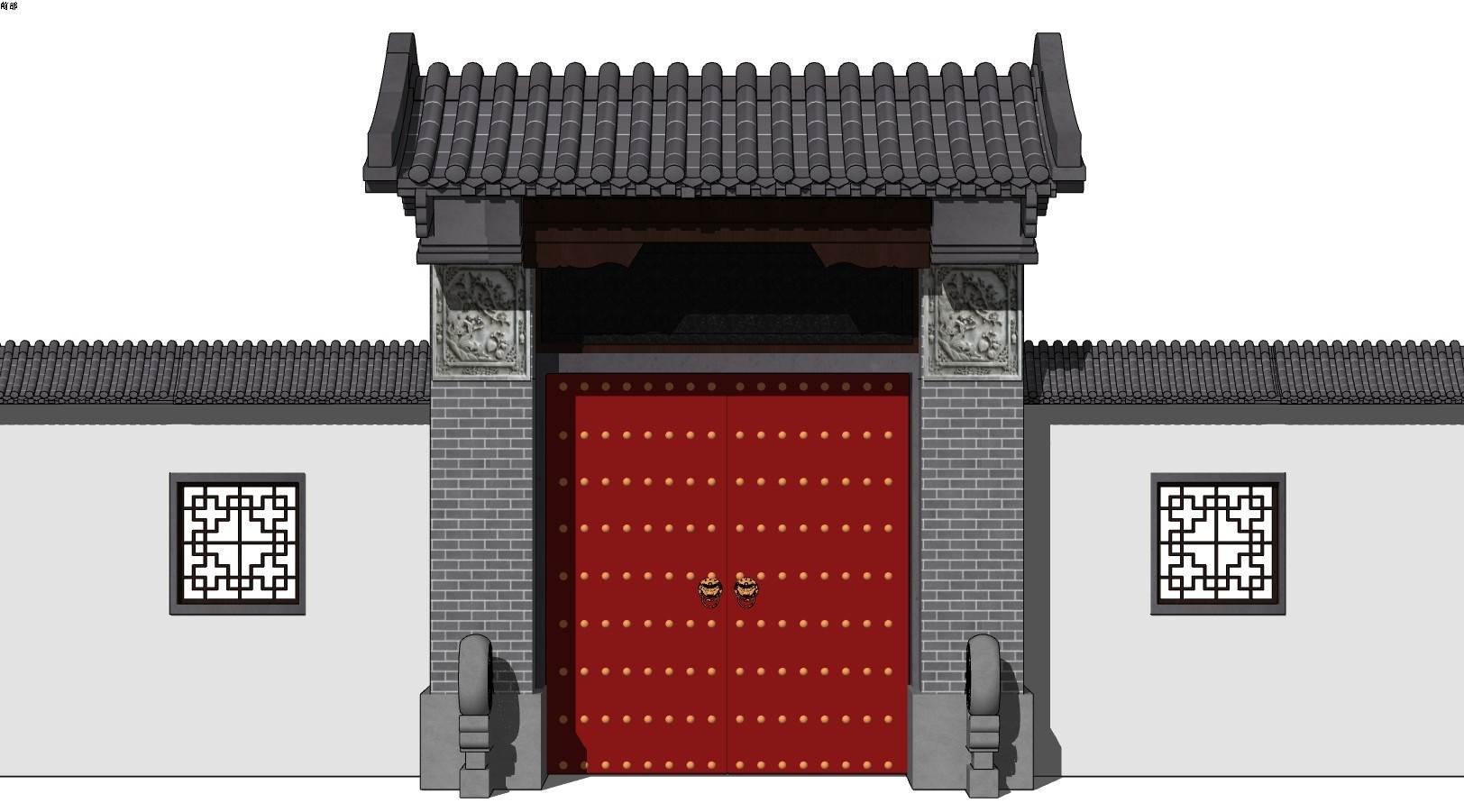 中式传统宅院大门入户门围墙建筑SU模型 SU模型免费下载_sketchup模型