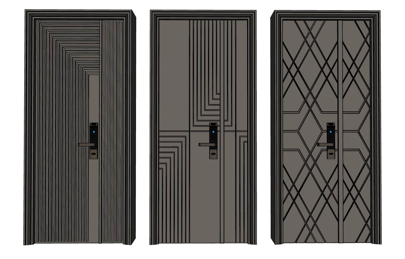 现代轻奢风格的入户门搭配智能锁门窗SU模型 SU模型免费下载_sketchup模型