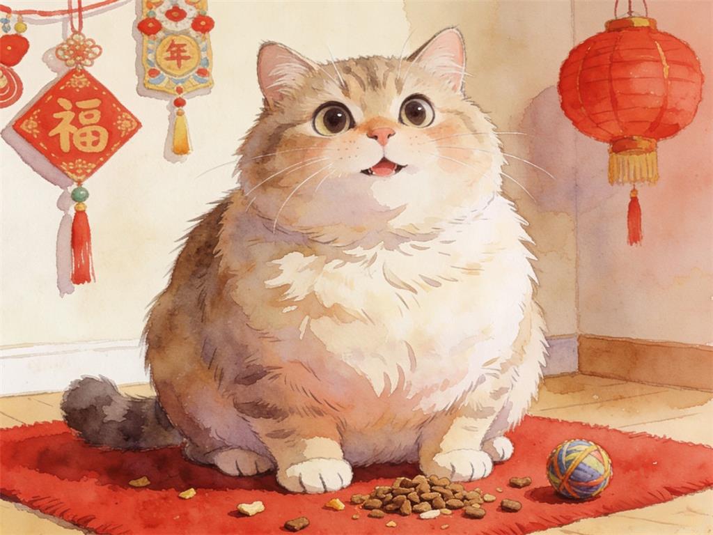 水彩画:我家的宠物猫减肥1年终于以最胖的姿态迎来了新年 水彩画高清JPG图片素材