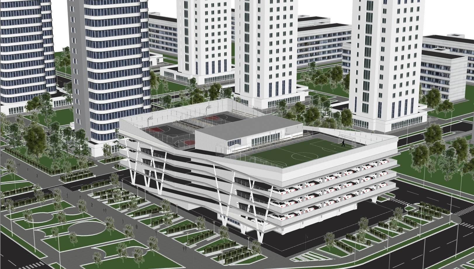 立体停车楼上的屋顶运动场地建筑SU模型 SU模型免费下载_sketchup模型