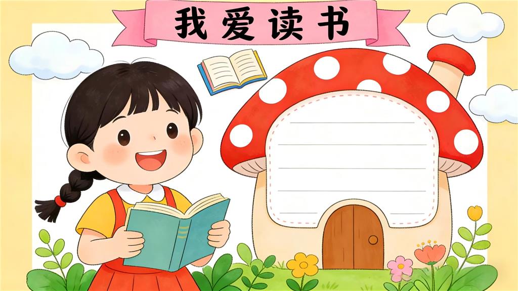 手抄报:卡通蘑菇屋我爱读书手抄报模板 手抄报版式设计JPG模板