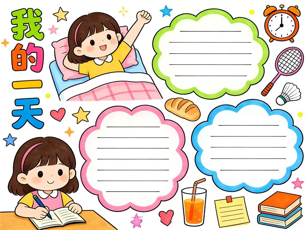 手抄报:小学生生活主题手抄报我的一天 手抄报版式设计JPG模板