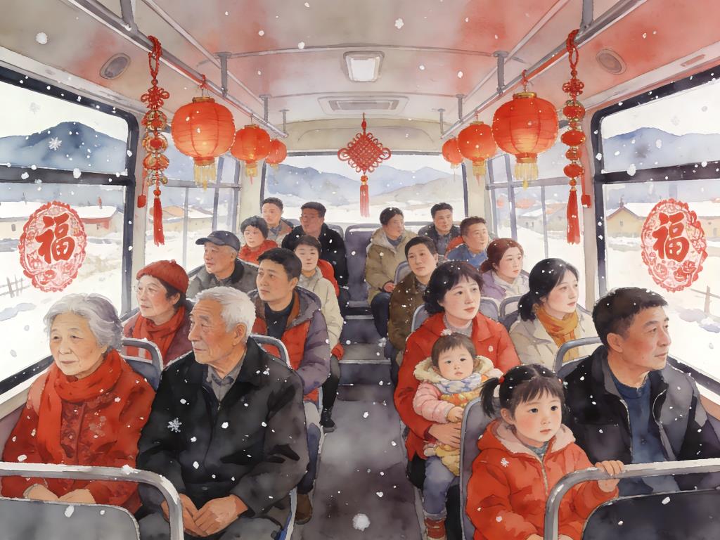 水彩画:一家35口人开大巴春节自驾游 水彩画高清JPG图片素材