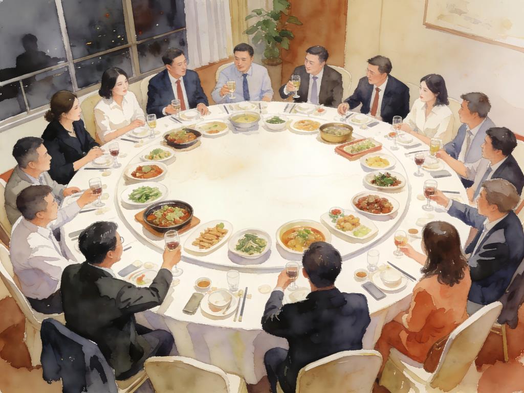 水彩画:大圆桌可坐 55 人,网友调侃“有些菜,一旦错过就不再” 水彩画高清JPG图片素材