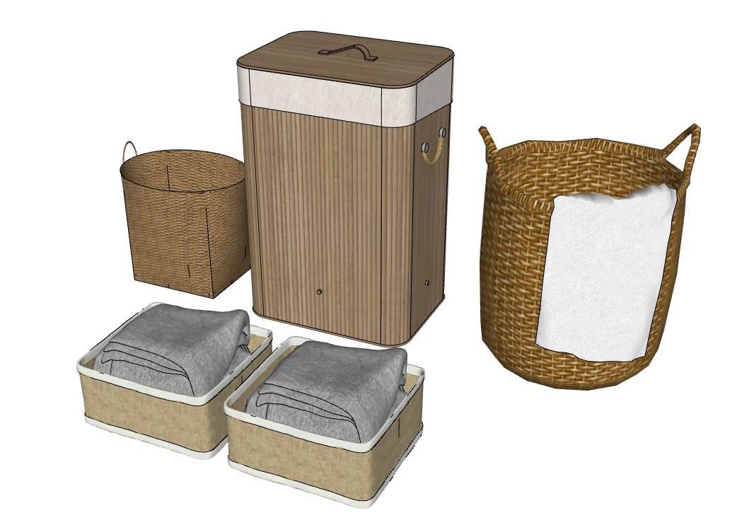 家居藤编收纳篮和洗衣篮装饰SU模型 SU模型免费下载_sketchup模型