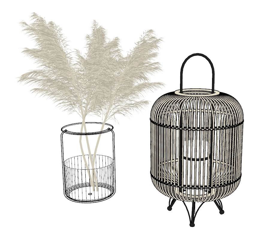 藤编灯笼和芦苇草花瓶摆件装饰SU模型 SU模型免费下载_sketchup模型