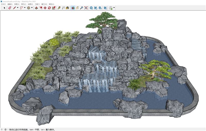 中式庭院假山流水景观SU模型 SU模型免费下载_sketchup模型