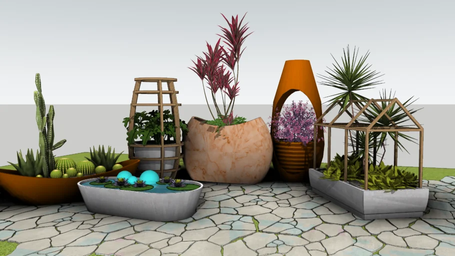 多肉植物造景创意花钵组合景观SU模型 SU模型免费下载_sketchup模型