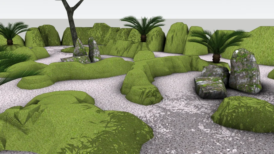 日式枯山水庭院微地形苔藓石景观SU模型 SU模型免费下载_sketchup模型