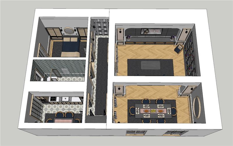 法式风格公寓室内设计鸟瞰图场景SU模型 SU模型免费下载_sketchup模型