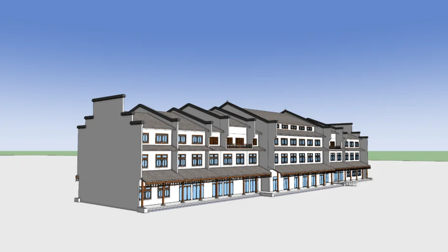 新中式徽派联排民宿SU模型 SU模型免费下载_sketchup模型