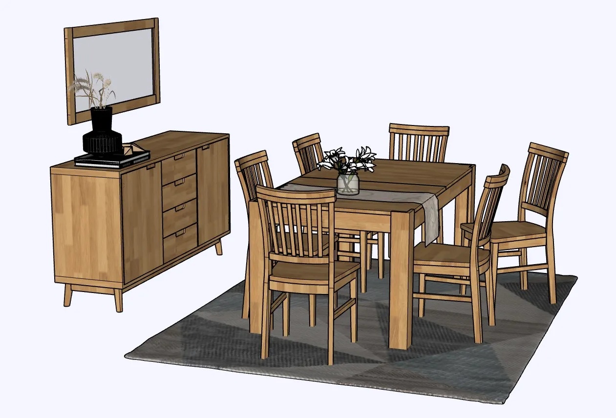 实木餐桌椅餐边柜组合SU模型 SU模型免费下载_sketchup模型
