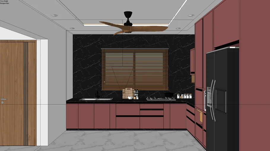 现代轻奢酒红色橱柜厨房SU模型 SU模型免费下载_sketchup模型