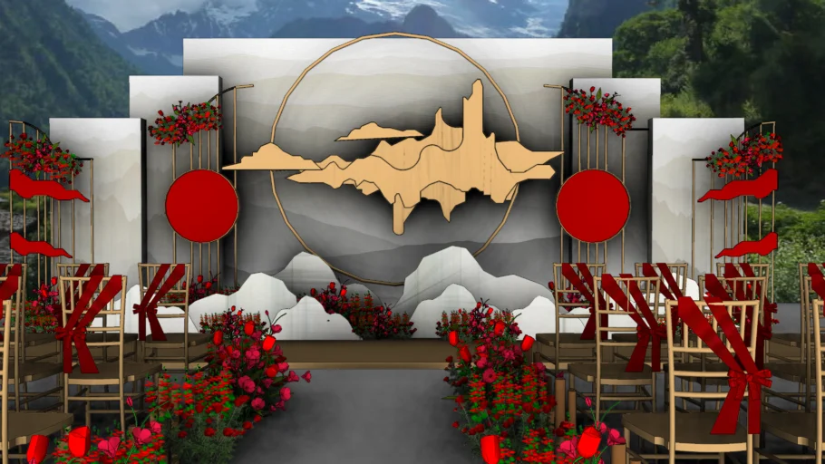 新中式山水户外婚礼舞台SU模型 SU模型免费下载_sketchup模型