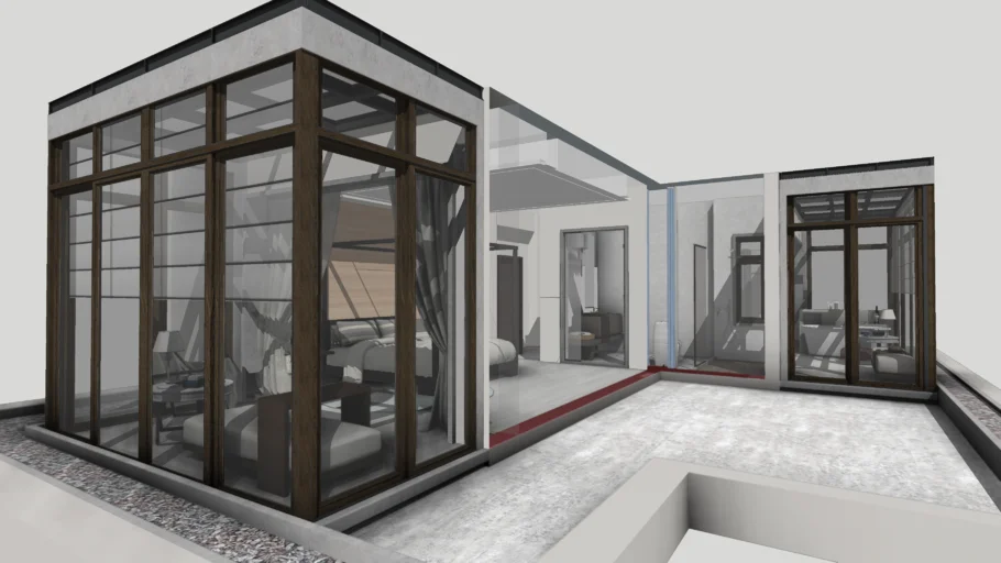 现代庭院玻璃房卧室SU模型 SU模型免费下载_sketchup模型