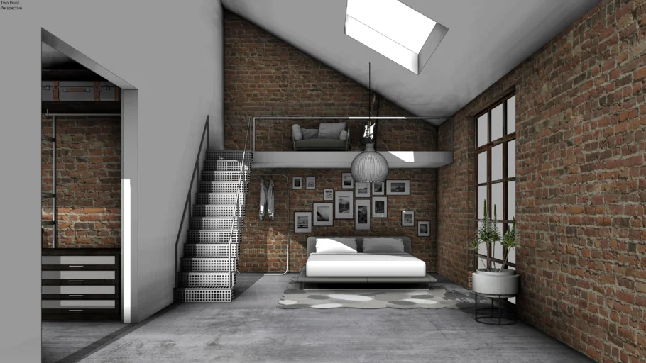 工业风LOFT阁楼卧室SU模型 SU模型免费下载_sketchup模型