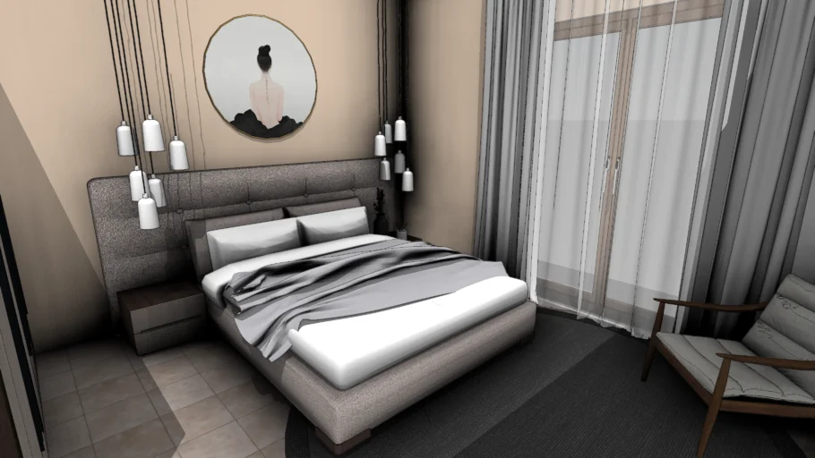 新中式禅意吊灯卧室SU模型 SU模型免费下载_sketchup模型