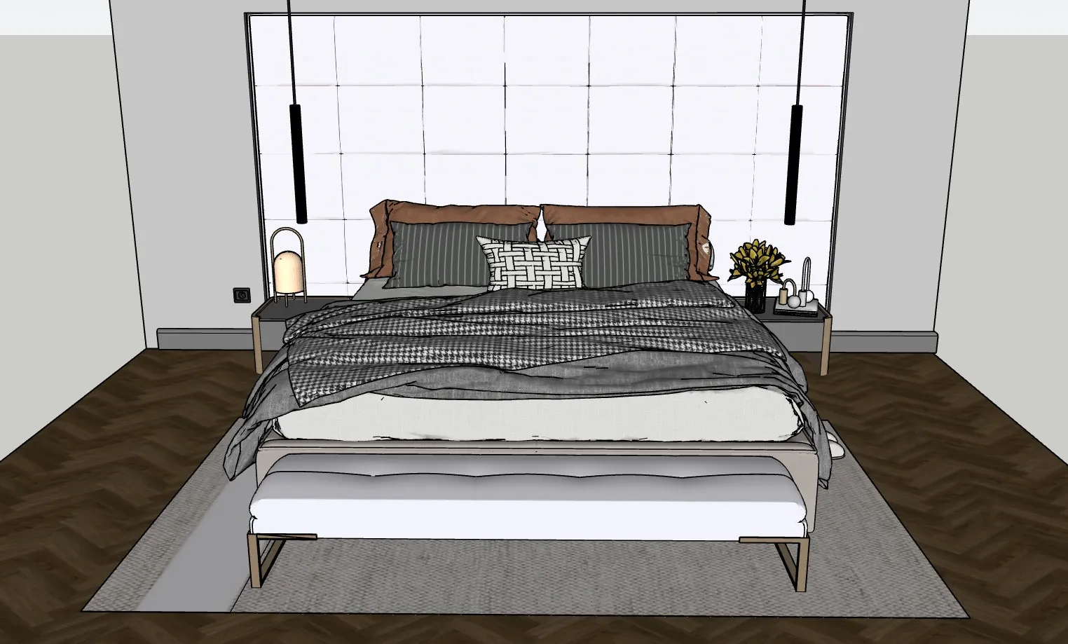 现代轻奢千鸟格床品卧室SU模型 SU模型免费下载_sketchup模型