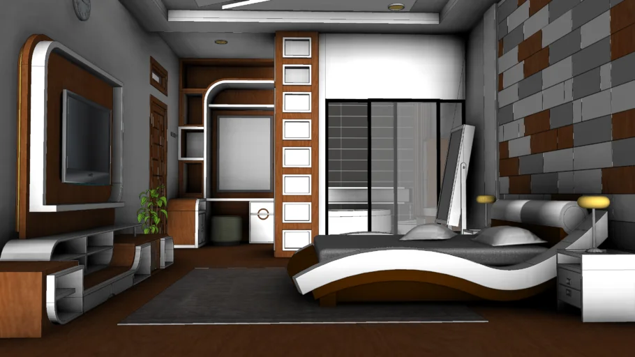 现代波浪形床铺卧室SU模型 SU模型免费下载_sketchup模型