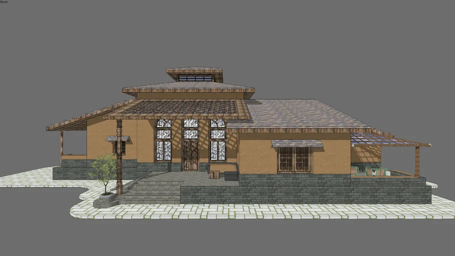 夯土质感单层民宿SU模型 SU模型免费下载_sketchup模型