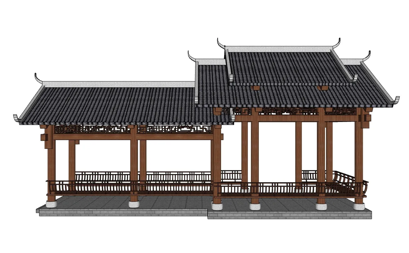 中式连廊水榭长廊SU模型 SU模型免费下载_sketchup模型