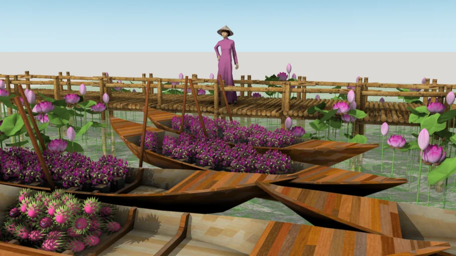 越南水乡荷田木船SU模型 SU模型免费下载_sketchup模型