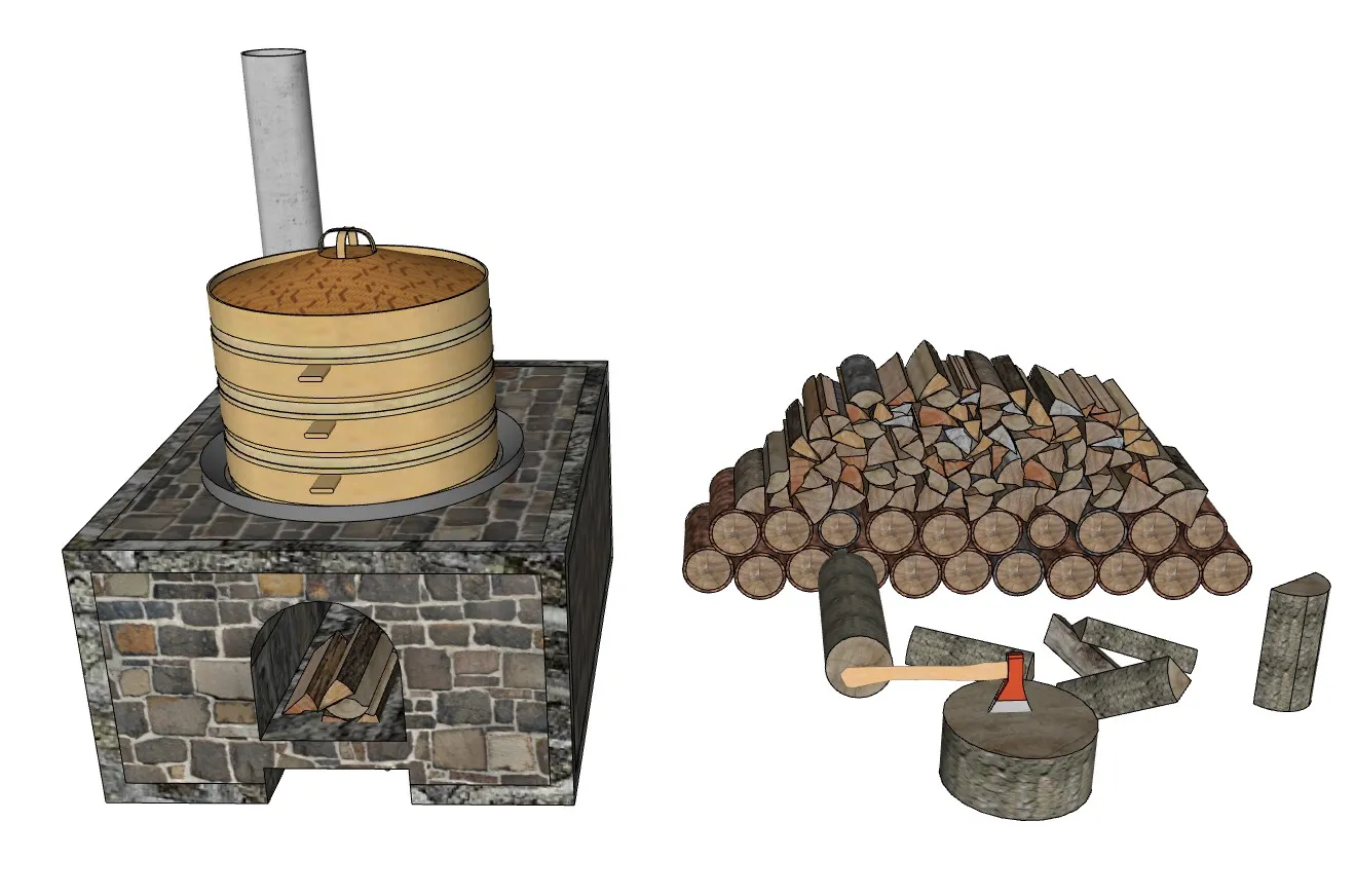 村里柴火灶蒸笼大锅灶SU模型 SU模型免费下载_sketchup模型