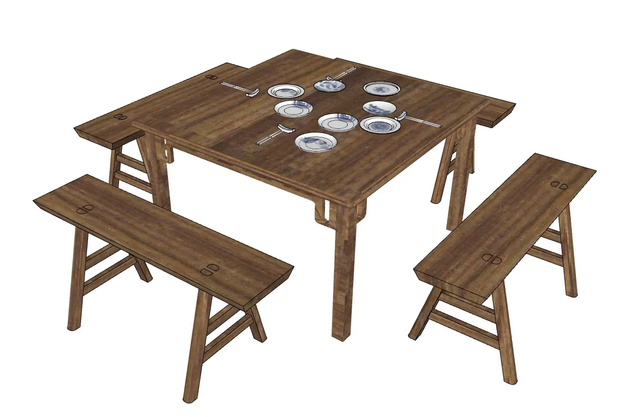 乡村餐桌凳方桌SU模型 SU模型免费下载_sketchup模型