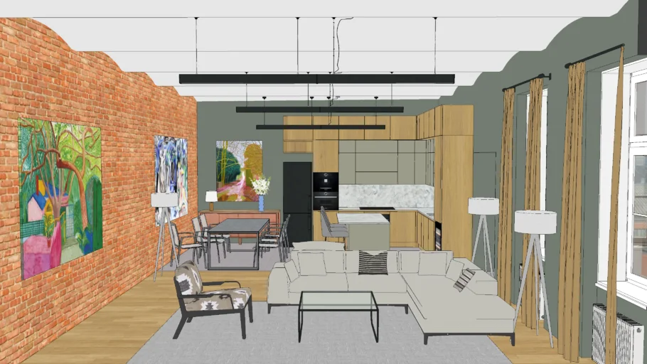 loft工业风客餐厅厨房SU模型 SU模型免费下载_sketchup模型