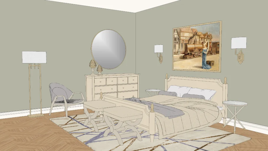 美式轻奢主卧SU模型 SU模型免费下载_sketchup模型