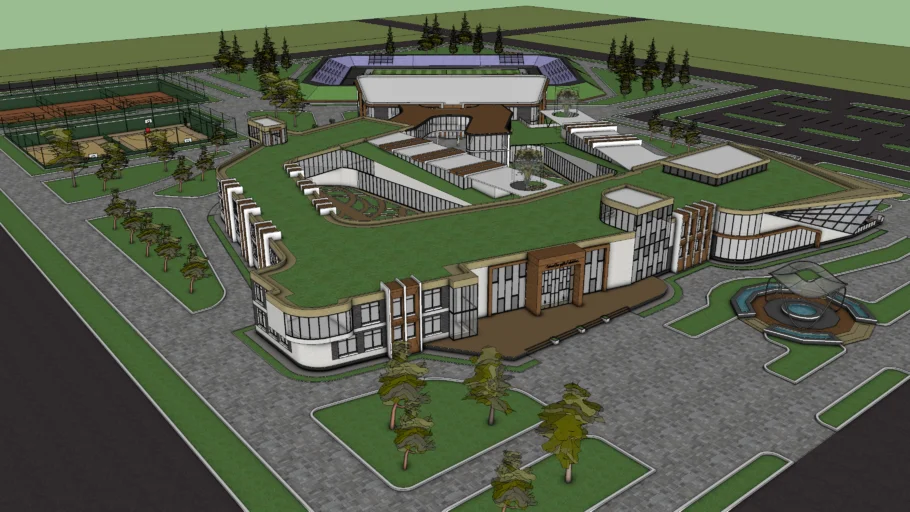 现代生态学校校园建筑SU模型 SU模型免费下载_sketchup模型