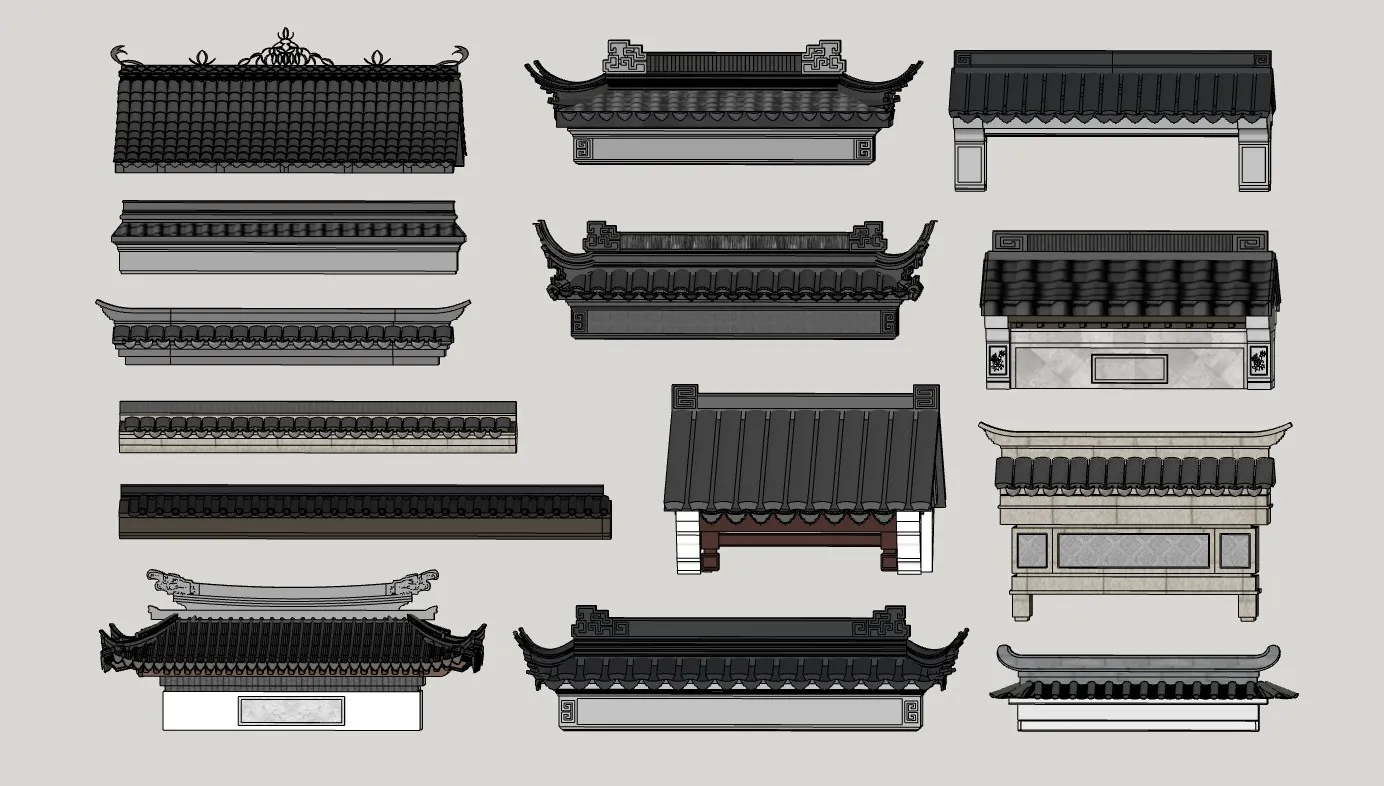 中式屋檐仿古屋顶飞檐构建物SU模型 SU模型免费下载_sketchup模型