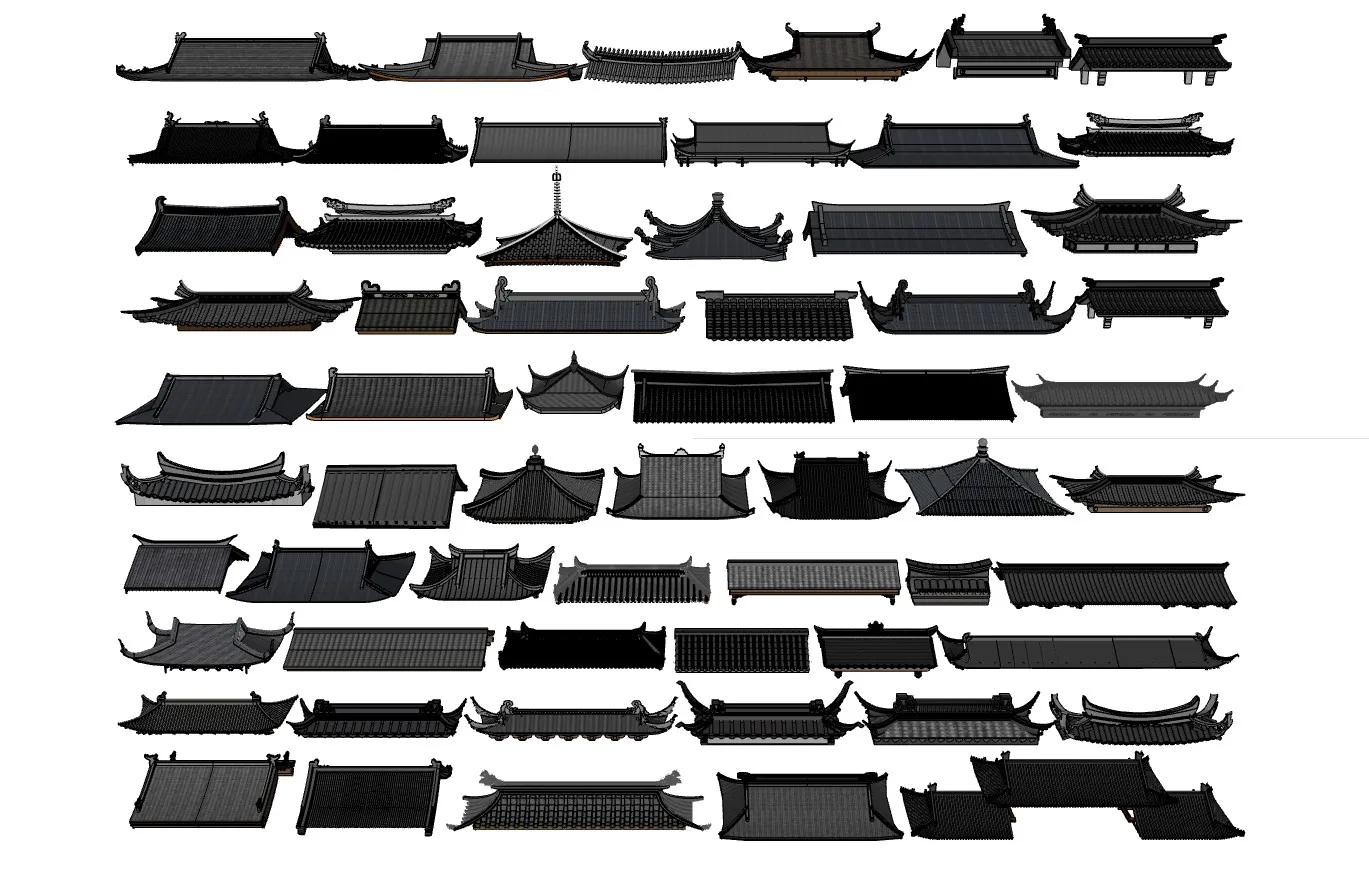仿古屋顶飞檐集合SU模型 SU模型免费下载_sketchup模型