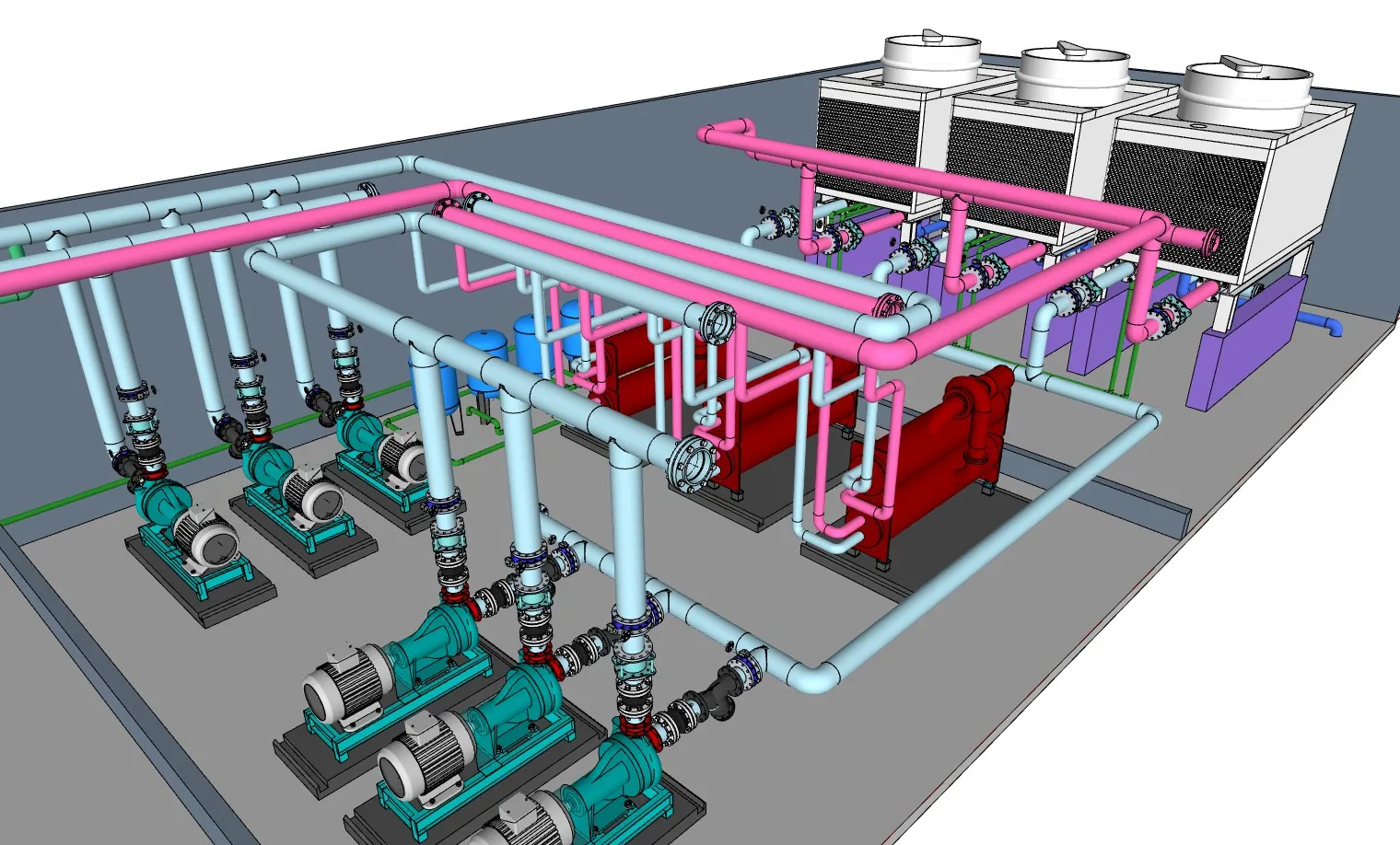 制冷机房冷水机组管道SU模型 SU模型免费下载_sketchup模型