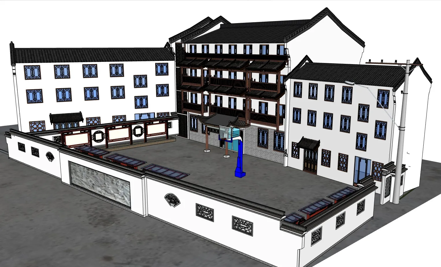 中式村委会综合建筑SU模型 SU模型免费下载_sketchup模型