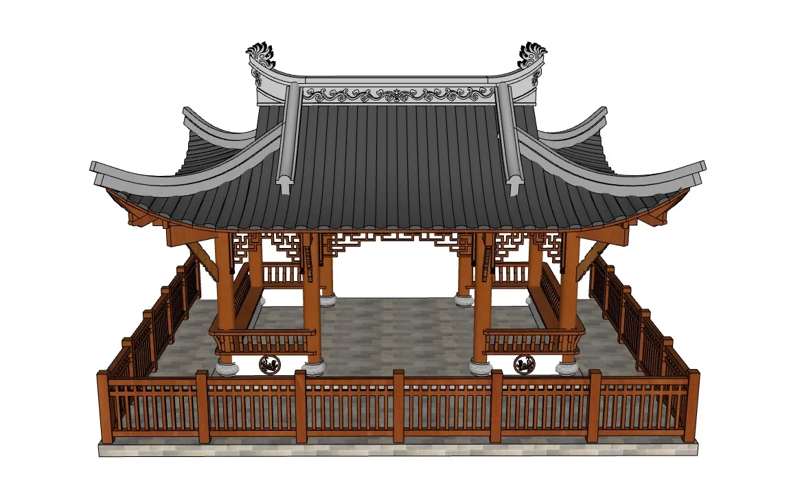 中式重檐四角凉亭水榭SU模型 SU模型免费下载_sketchup模型