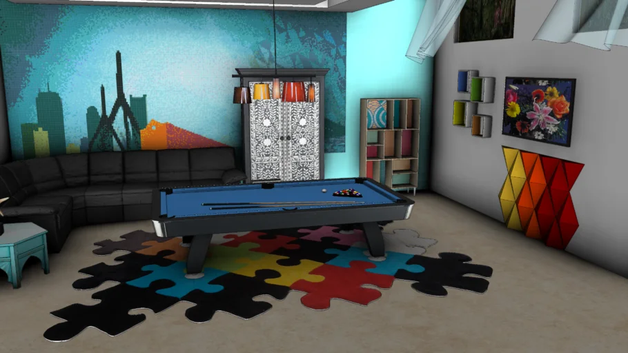 潮流娱乐休闲室台球桌拼图SU模型 SU模型免费下载_sketchup模型
