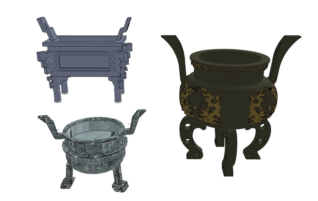 中式青铜古鼎组合SU模型 SU模型免费下载_sketchup模型