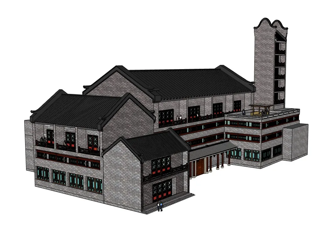 岭南风中式服务中心建筑SU模型 SU模型免费下载_sketchup模型