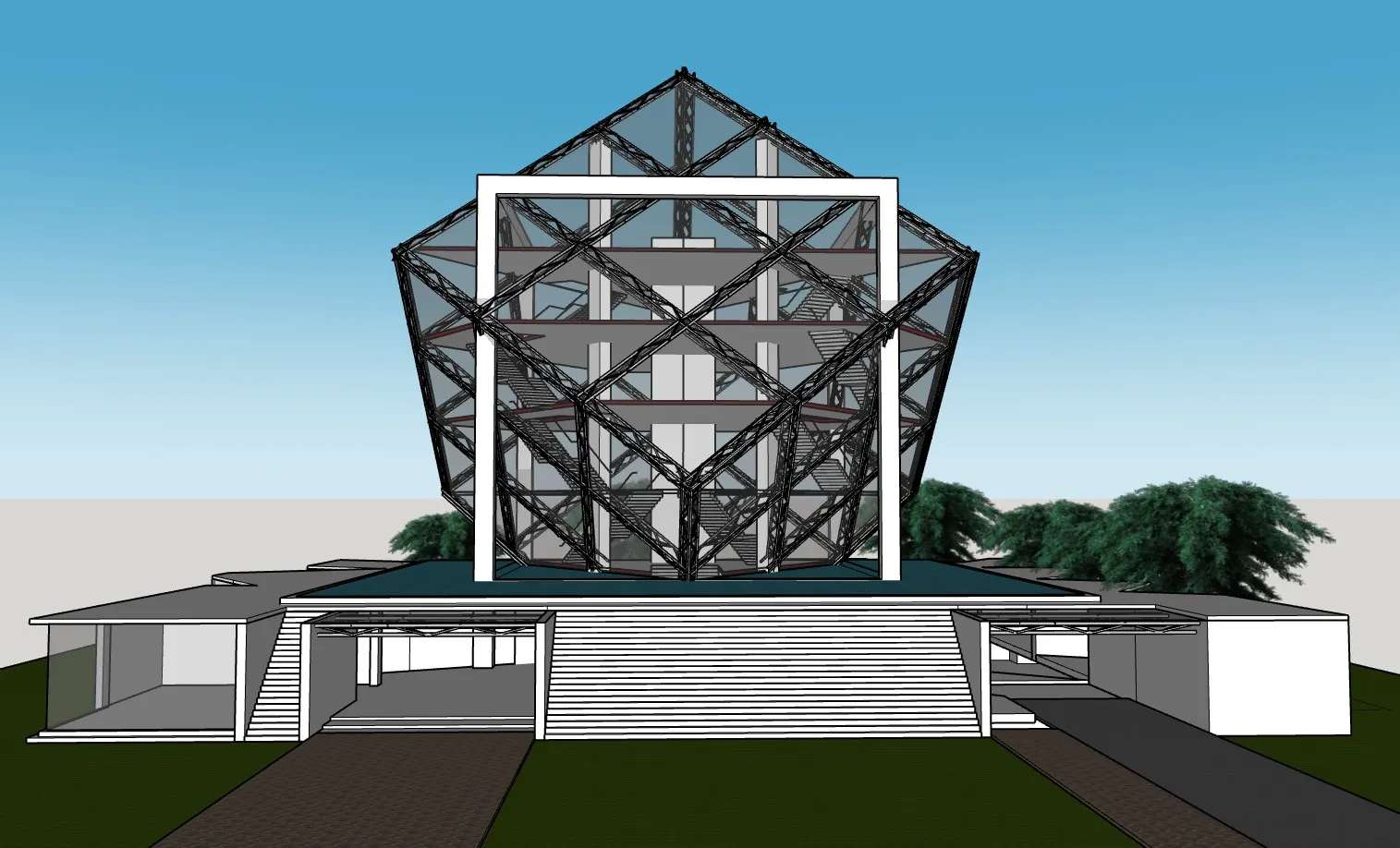 多面体钢结构展馆艺术馆建筑SU模型 SU模型免费下载_sketchup模型