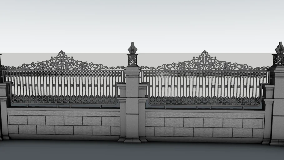 法式雕花石基铁艺围墙SU模型 SU模型免费下载_sketchup模型
