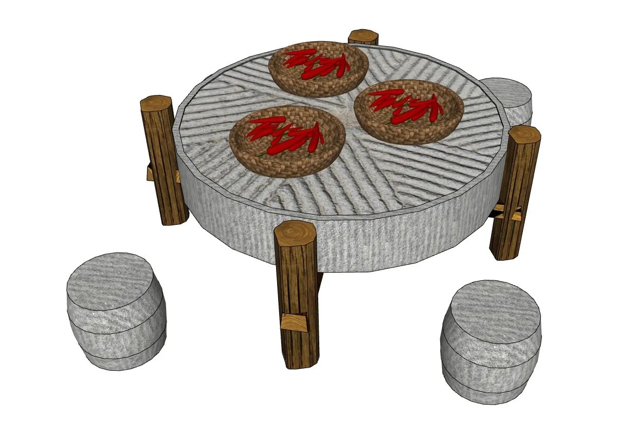石磨盘休闲桌椅簸箕上的辣椒SU模型 SU模型免费下载_sketchup模型