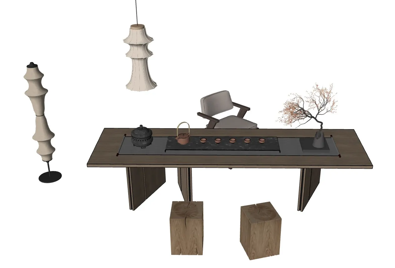 侘寂风茶馆茶桌茶室SU模型 SU模型免费下载_sketchup模型