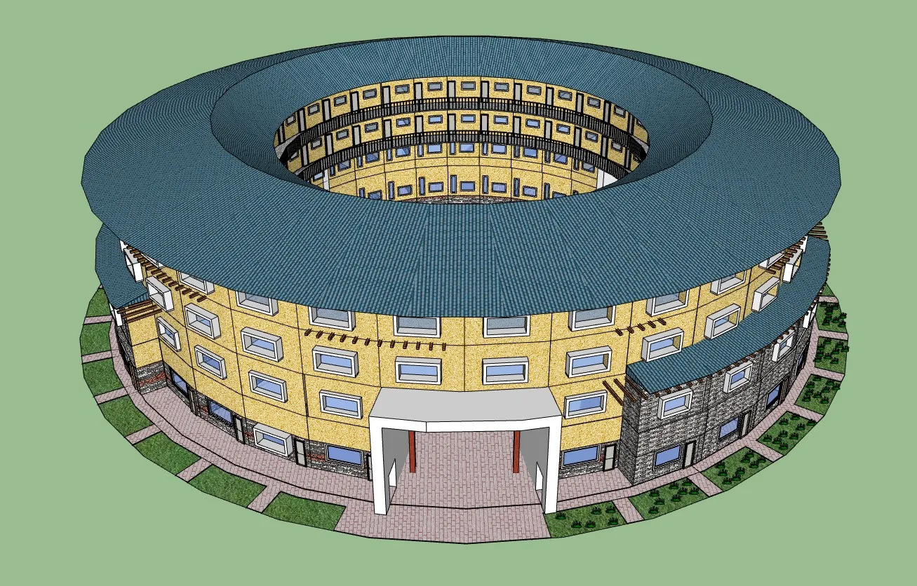环形客家土楼建筑SU模型 SU模型免费下载_sketchup模型