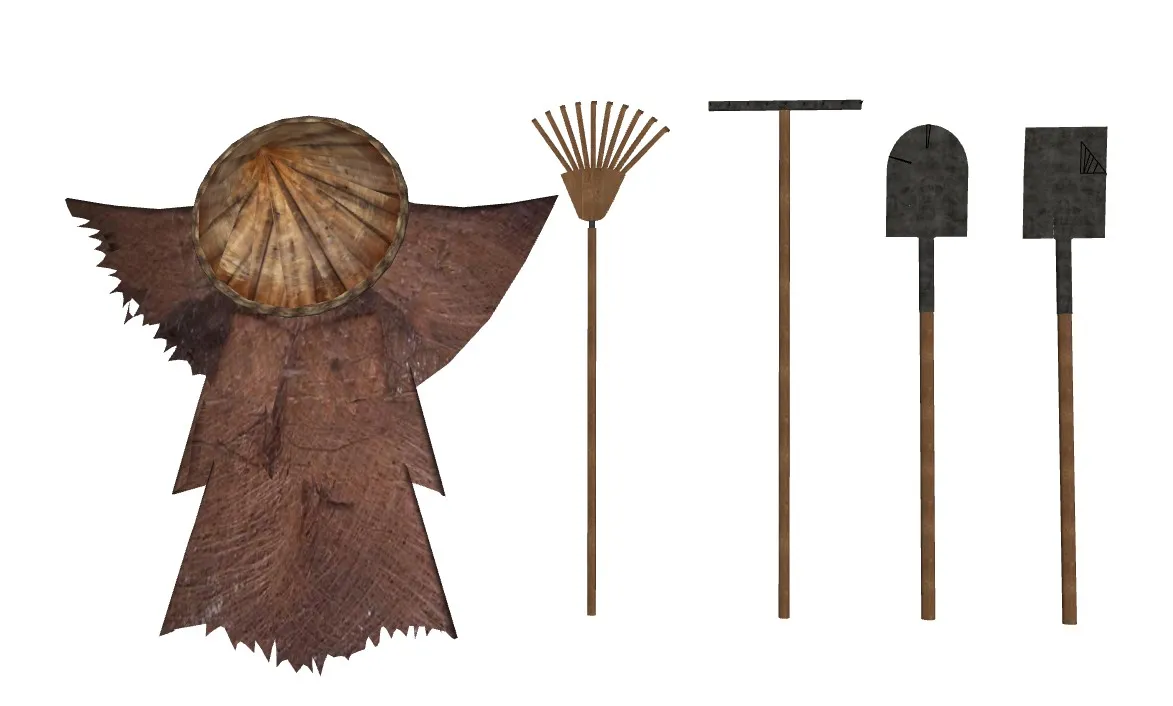 农耕蓑衣斗笠锄耙农具组合SU模型 SU模型免费下载_sketchup模型