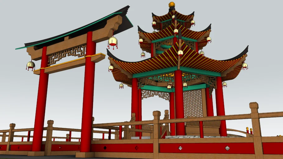 鱼趣日式宝塔牌坊组合SU模型 SU模型免费下载_sketchup模型